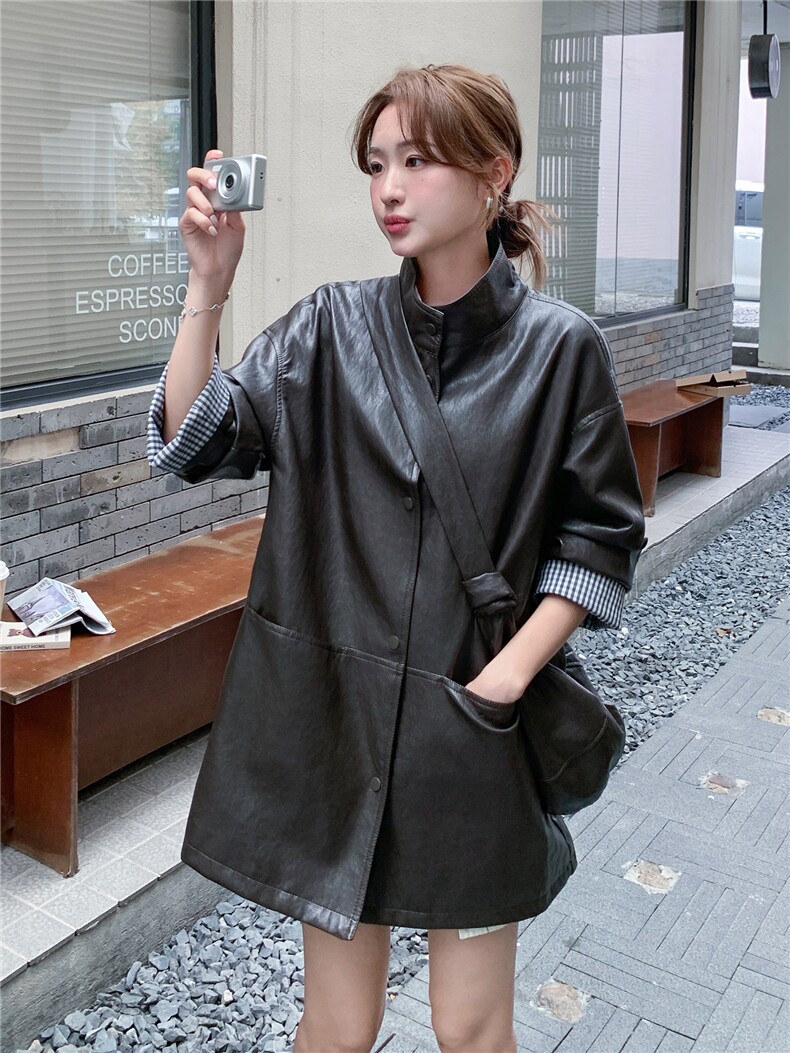 复古韩版皮衣女2025秋装新款中长款外套PU皮夹克今年流行黑色外套,女装短外套,意芙