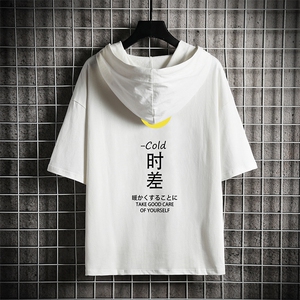 LD54047-P45 连帽短袖t恤男大码胖子带帽五分袖中袖 网格挂拍图片