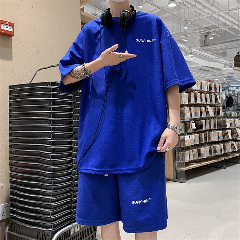 KT2大码男女休闲华夫格宽松T恤短裤套装抖音品质情侣字母印花外套,男装休闲套装,星座115A-3