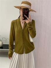 新款纯色褶皱针织开衫时尚百搭简约风，女装针织衫/毛衣，优麦羊绒（原洪叶羊绒）