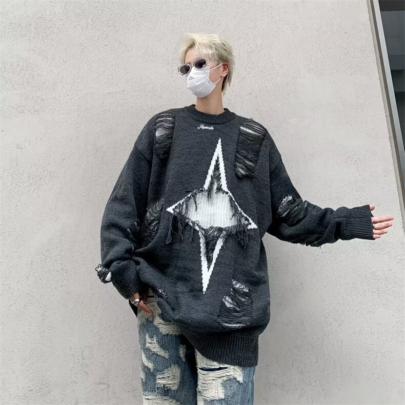 潮流五角星中长款圆领针织毛衣男美式破坏风百搭MZ117-P50,男装针织衫/毛衣,星座1109-3
