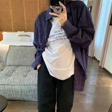 2025格子宽松蓝色纯棉衬衫衬衣薄款外套慵懒百搭上衣休闲复古长袖，男装衬衫，星座1210-1