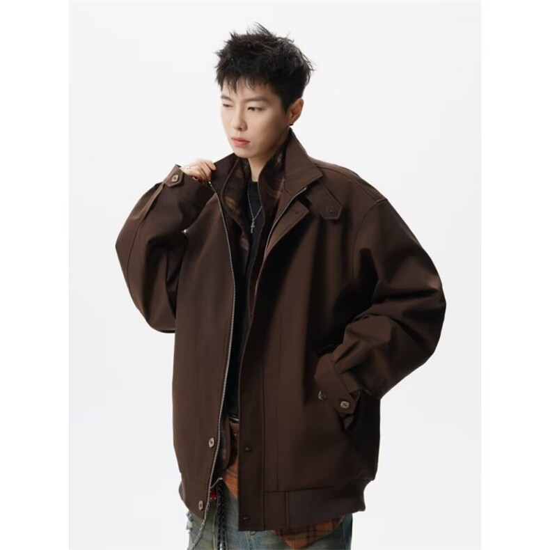 W11048-P78网图现货春季新款假两件格纹立领潮牌设计感外套,女装短外套,星座1608