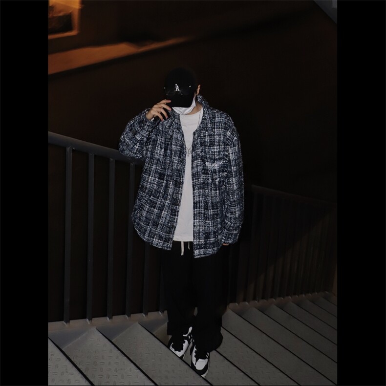 （自家）小香风粗花呢编织衬衫外套男宽松撞色刺绣W1042-P65图片