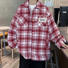 港风秋款男长袖格子衬衫厚款字母刺绣衬衣外套CS132P50，男装衬衫，星座1013-1
