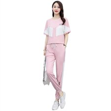 2021夏季新款简约时尚优雅气质圆领拼色松紧裤腰休闲两件套，女装套装/套裙，曼娅璐