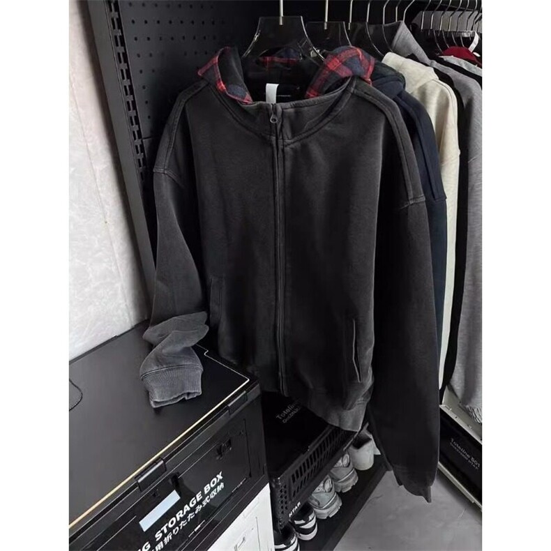 W9604-P70网图现货高品质格子拼接连帽卫衣复古假两件开衫外套,女装短外套,星座1608-2