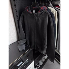 W9604-P70网图现货高品质格子拼接连帽卫衣复古假两件开衫外套，女装短外套，星座1608-2