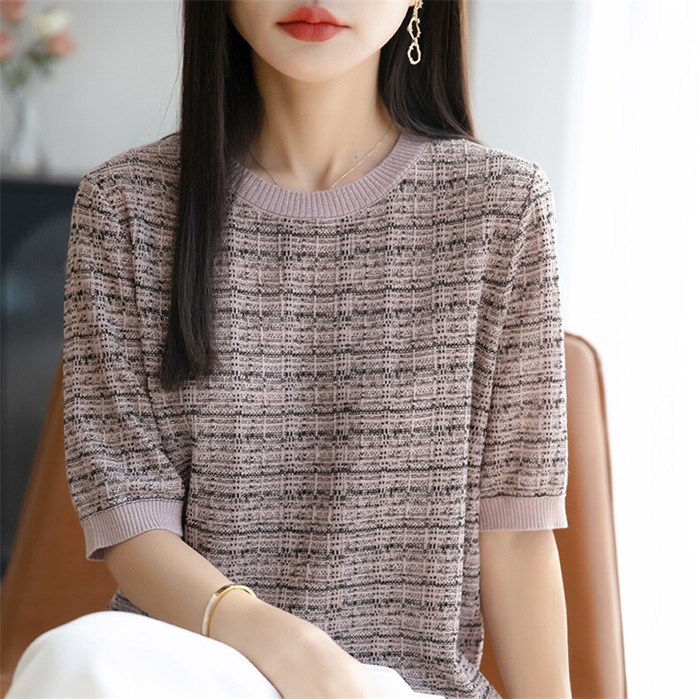2025新款天丝莱赛尔针织短袖女圆领提花条纹上衣宽松亮丝半袖打底,女装T恤,佳绒包芯纱店
