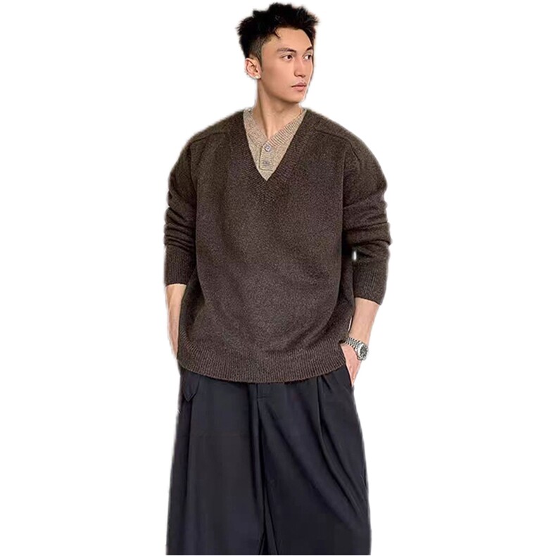 网图-假两件v领针织毛衣男xh167-特p50,男装针织衫/毛衣,电商B367