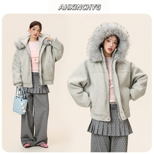 【座山雕毛领连帽】毛呢拼接秋冬棉服保暖外套男女G1168 特P118图片
