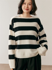 秋季条纹针织衫休闲百搭简约风，女装针织衫/毛衣，鸥蕊娅羊绒