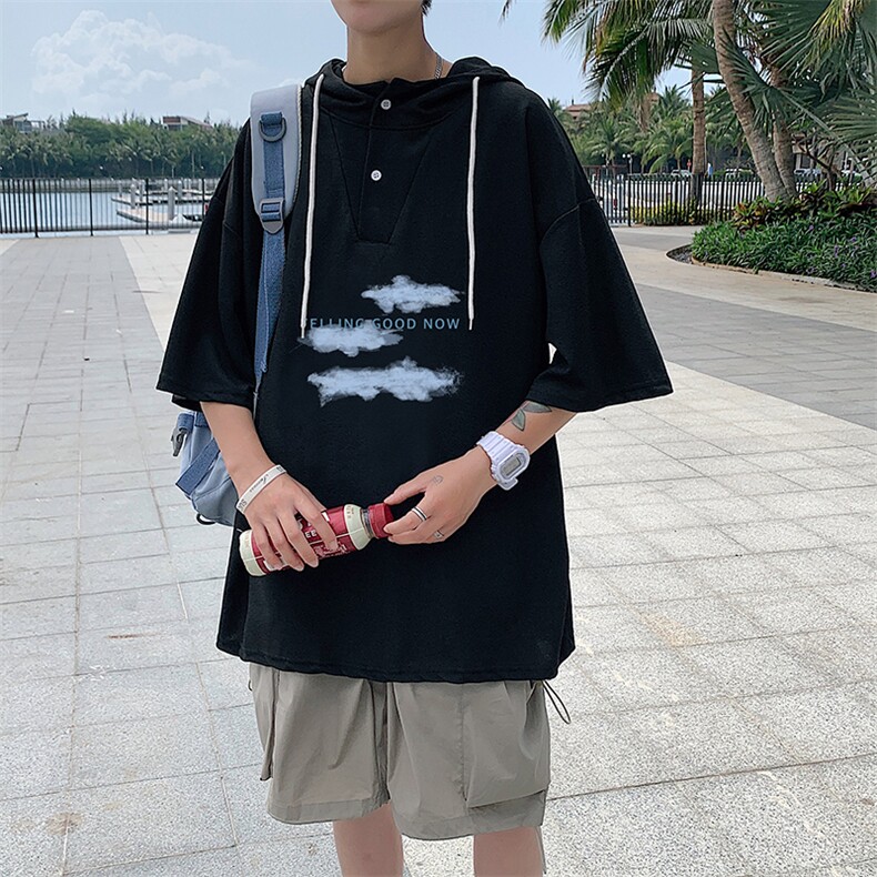 LD54143-P45连帽短袖t恤男大码胖子带帽五分袖中袖,男装T恤,电商A040
