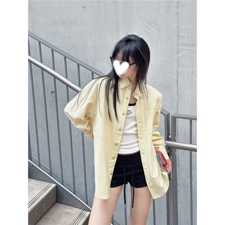 2025美式黄条纹刺绣衬衫女大码春季宽松休闲衬衣显瘦外套,男装衬衫,星座506A