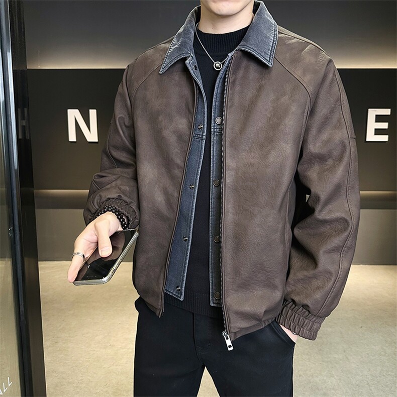 标50绒男士翻领假两件短款PU皮羽绒服休闲保暖外套5065-P255,男装羽绒服,电商B328