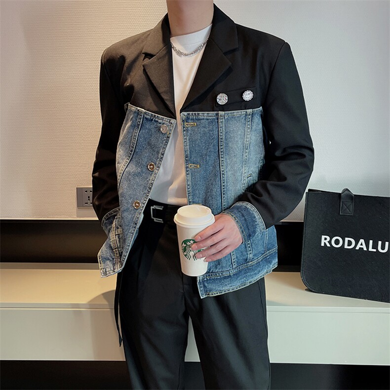 2025春装潮男牛仔拼接外套男个性休闲帅气小西服JK2302-P145控175,男装西服,电商B267
