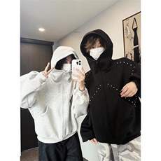 抖音得物高品质二开26春装美式高街铆钉拼接纯色开衫卫衣外套W122，女装短外套，电商A486-1