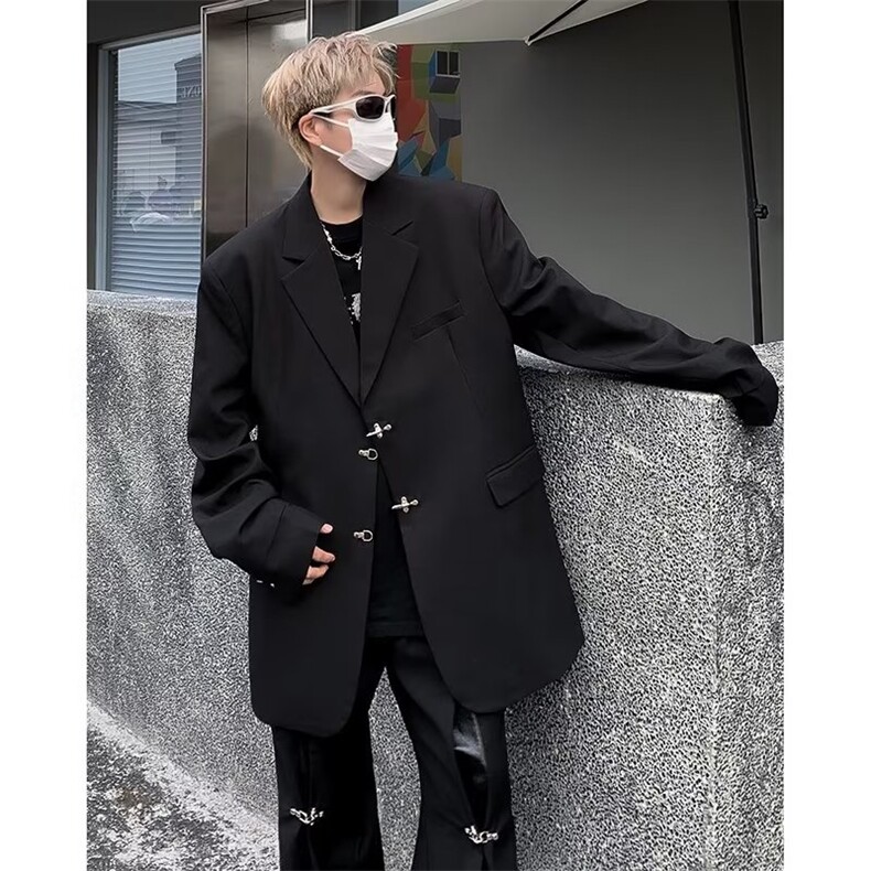 男装金属纽扣西服外套黑色小众设计西服炸街黑色FY101-P68图片
