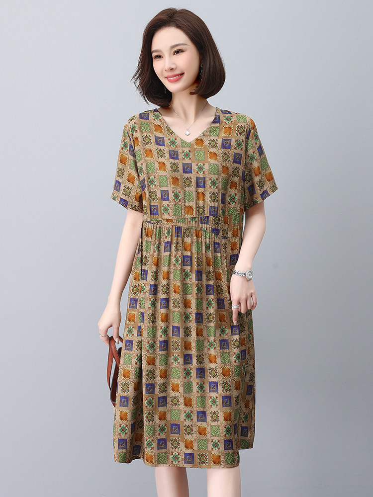 2023年夏季V领宽松腰A型长裙短袖套头裙度假风印花连衣裙,女装连衣裙,依倍林