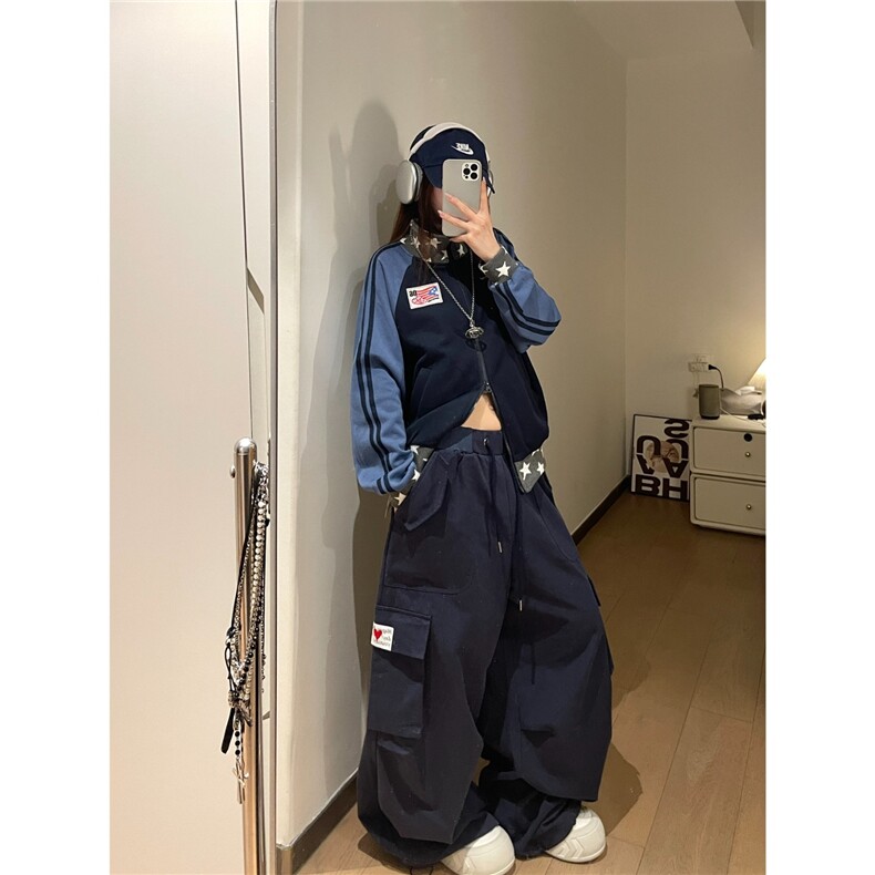 美式抽绳口袋工装阔腿裤女秋冬街头宽松休闲垂感拖地裤K6743-P59,男装工装外套,星座412-3