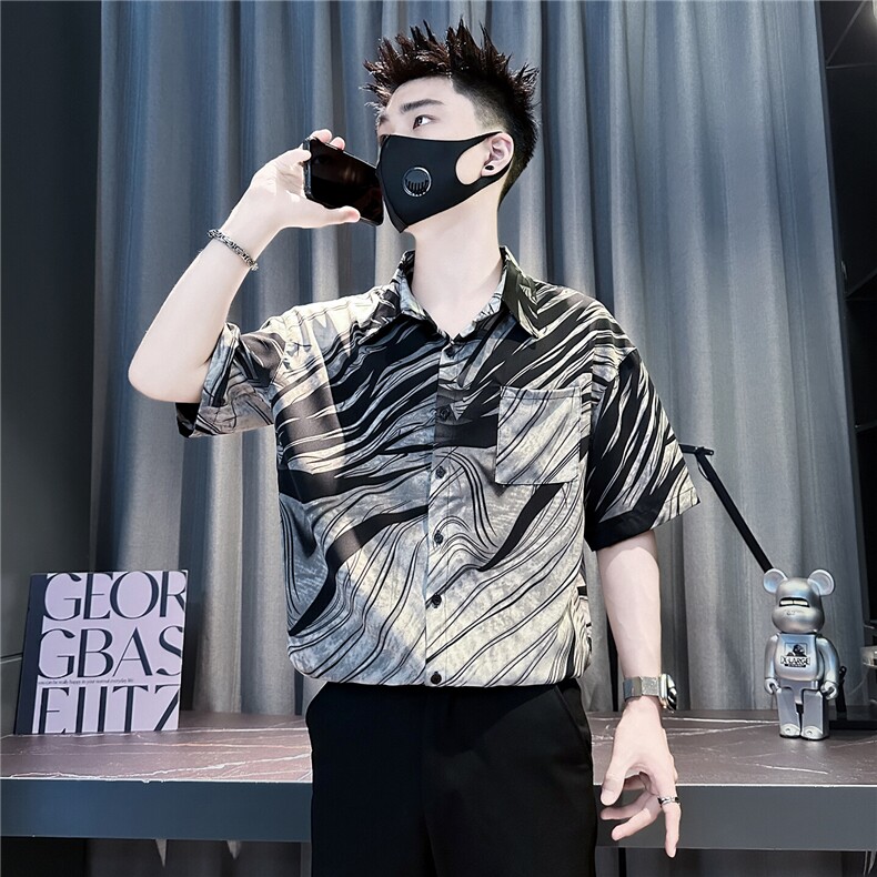301C-CS23-P58控78冰丝薄款短袖衬衫男印花潮流社会小伙店主风,男装T恤,星座301C（原B323）