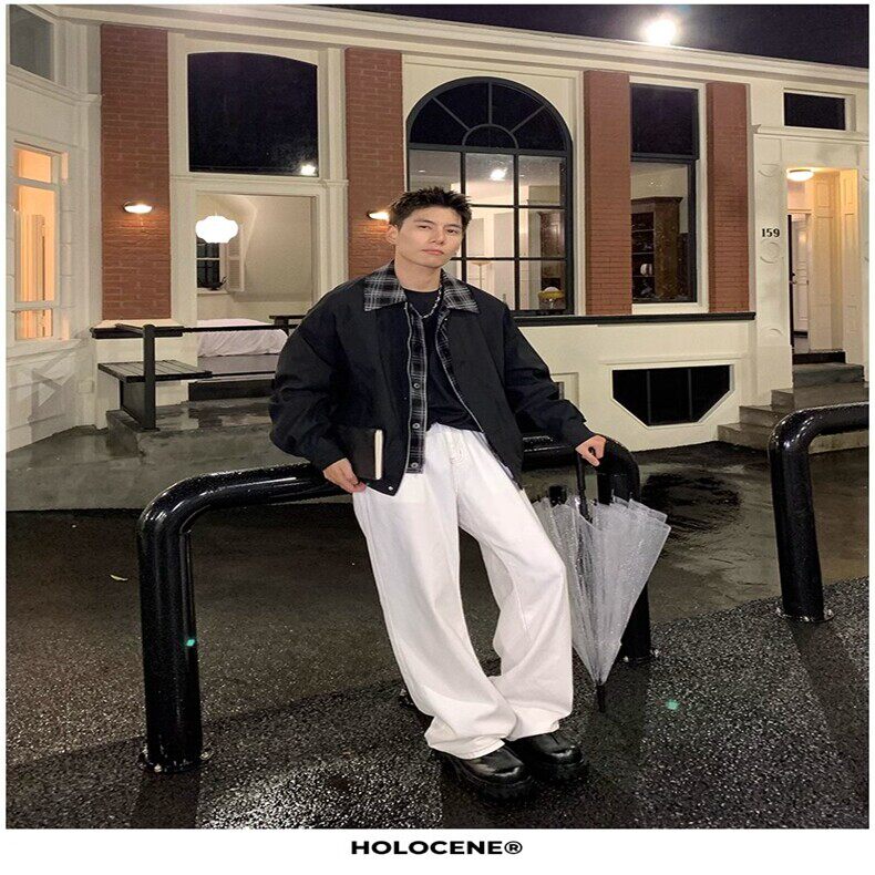 春秋美式复古翻领格子拼接假两件夹克男高级设计感棒球服外套潮牌,男装夹克,星座218-8