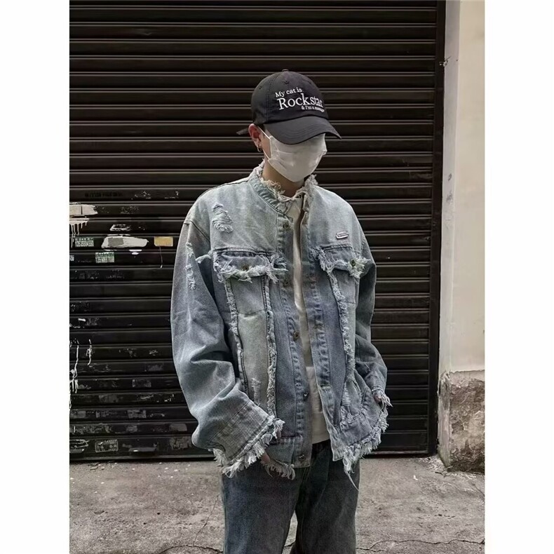 美式重工水洗做旧流苏毛边牛仔夹克男女复古潮牌休闲情侣外套上衣图片