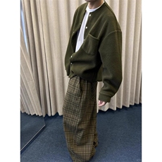 暗军绿格纹抽绳慵懒弯刀裤阔腿休闲裤垂坠感拖地长裤KZ741特P39，男装休闲裤，星座908-1