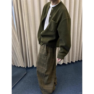 暗军绿格纹抽绳慵懒弯刀裤阔腿休闲裤垂坠感拖地长裤 KZ741 特P39图片