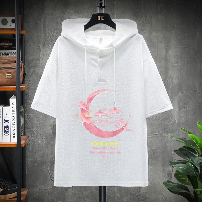 LD54209-P45 连帽短袖t恤男大码胖子带帽五分袖中袖 展架图片