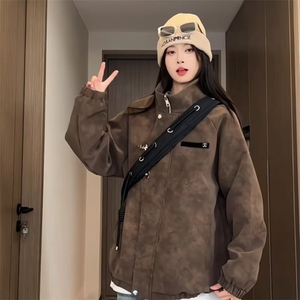 现货 美式宽松设计感金属飞机扣防水PU皮扎染夹克5352/P72图片