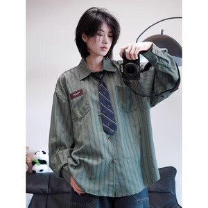 春秋港风长袖条纹衬衫男女同款青少年感中性风宽松衬衣薄 C92,男装衬衫,星座1116A（原606A-3）