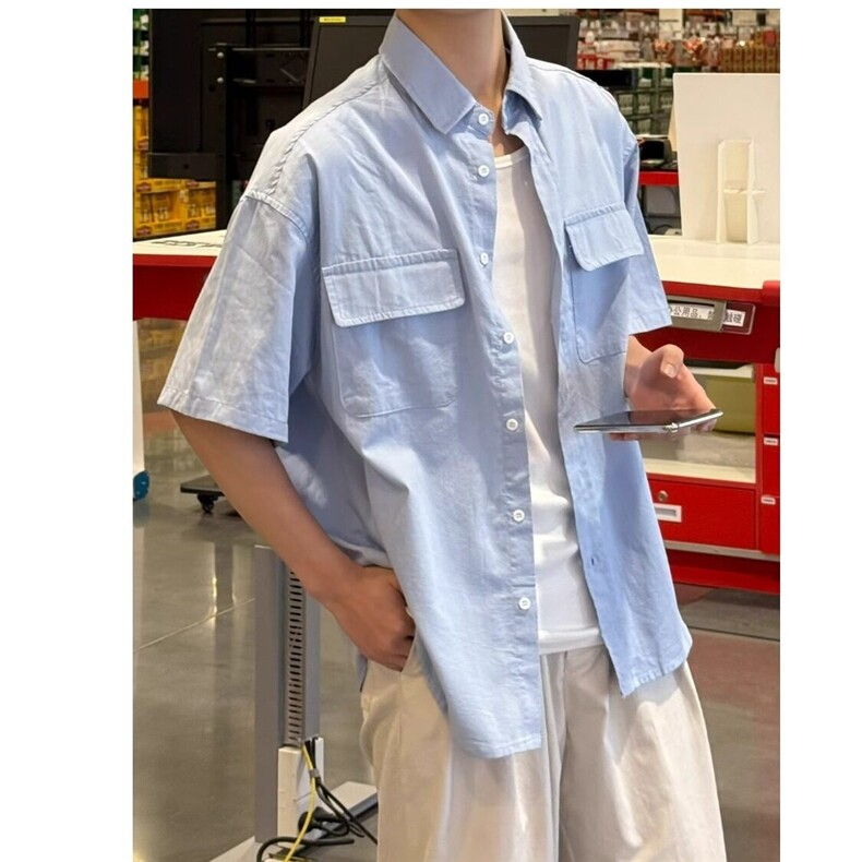 【有货】DC223-特批38蓝色翻领衬衫短袖纯棉男生夏季宽松衬衣,男装T恤,星座603-2