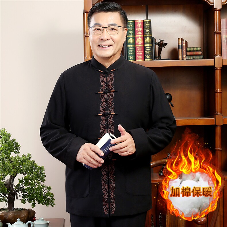 秋冬新款中年唐装男长袖夹克外套加绒棉服YDC8035-常规130加绒140,男装棉衣,星座1105-3