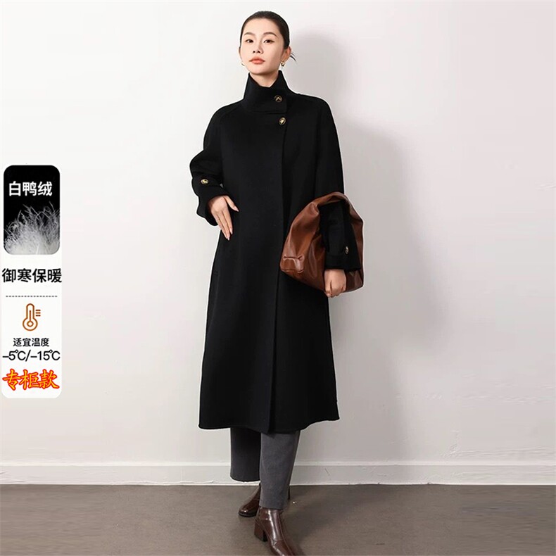 黑色羽绒内胆毛呢外套女长款2025冬季新款时尚加厚赫本风呢子大衣,女装羽绒服,纪茹