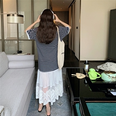 现货设计感韩系条纹拼接蕾丝花边连衣裙M28P125K178，女装连衣裙，2C236