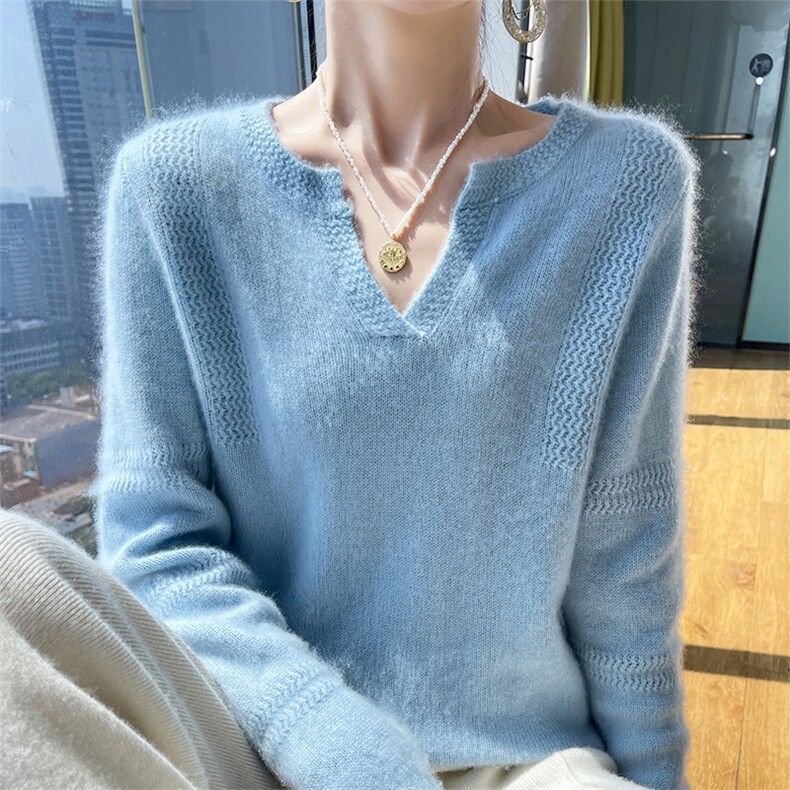 100%纯羊毛衫女25秋冬款V领加厚提花针织毛衣纯色宽松羊绒衫上衣,女装羊毛衫,宇灿羊绒