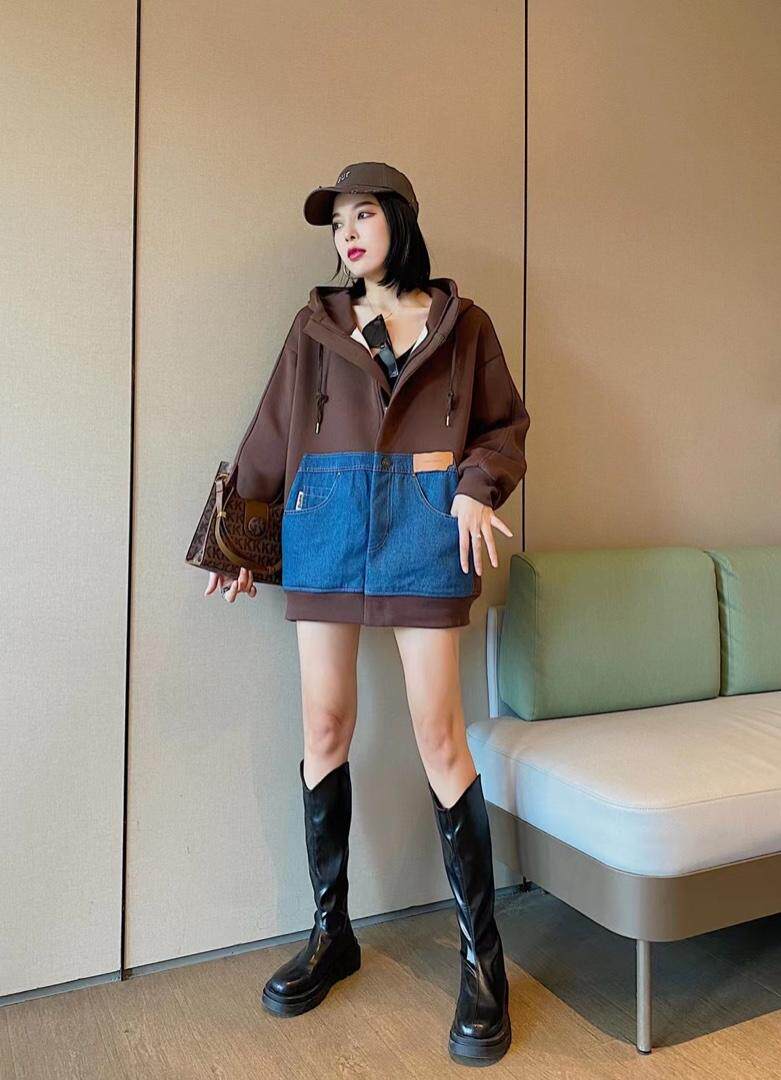 爱美欧现货牛仔口袋加绒卫衣外套，女装卫衣/绒衫，爱美欧