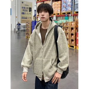 条纹连帽卫衣外套男女款秋早秋季穿搭开衫宽松慵懒风 W801图片