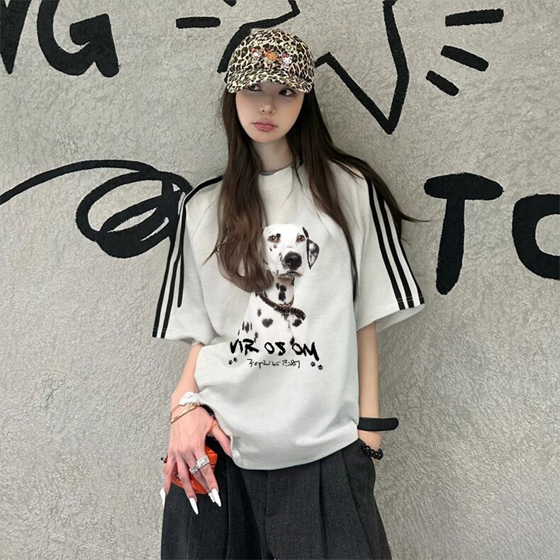 抖音得物高品质二开240克宽松纯棉美式潮牌三条杠织带短袖T恤，男装T恤，电商A486-1