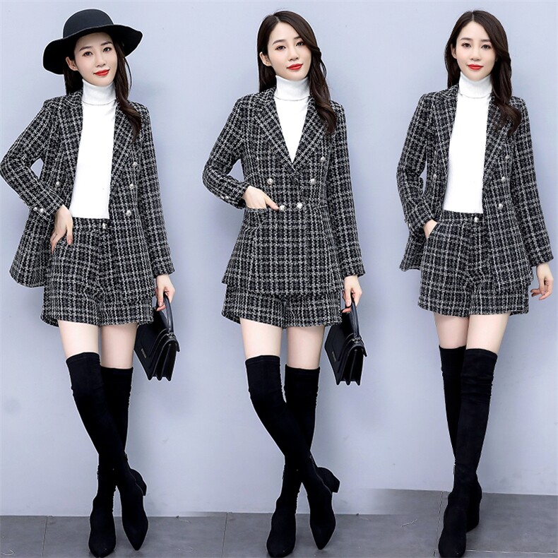 清仓春秋新款女装时髦格子毛呢小西装外套百搭短裤呢子，女装职业装，韩美纤衣