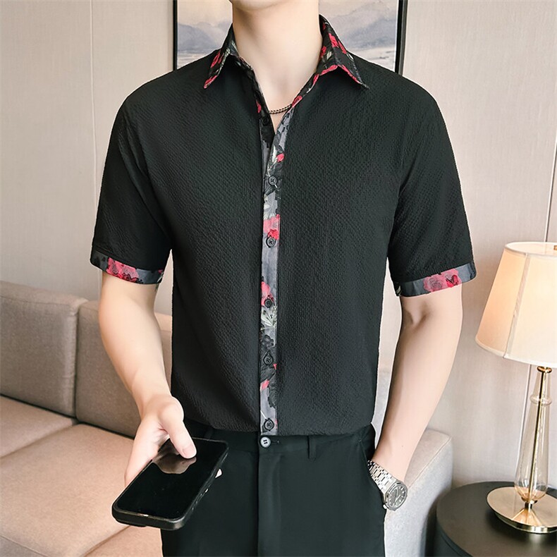 817-P38拼色泡泡格夏季新款男士短袖衬衫潮流时尚短袖潮男衬衣,男装T恤,星座507A（原星座306B-2）