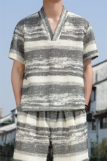 2025夏季新款风男装衬衣新中式金属盘扣水墨复古衬衫C96-P60，男装衬衫，电商B277(原6028)