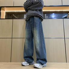 dirtyfit裤子水洗蓝阔腿直筒牛仔裤垂感高级感XZ310A-4-NZ10，男装牛仔裤，星座310A-4
