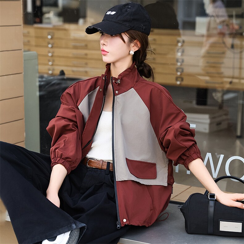 促销2025春季时髦休闲通勤气质宽松百搭撞色抽绳立领夹克短外套,女装短外套,超帛