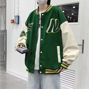 夹克棒球领上衣外套毛呢拼皮 黑绿咖啡 M-3XL J686图片