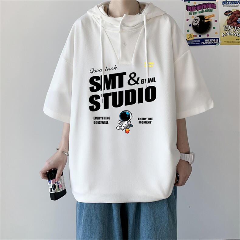 夏季港风冰丝宽松连帽短袖t恤五分体恤上衣TLM21125-P40控58,男装T恤,电商B370
