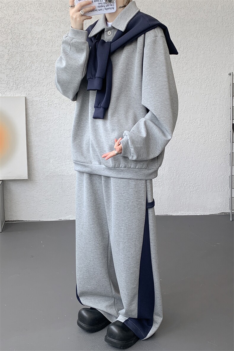 5XL-M潮流高级感披肩撞色拼接翻领百搭卫衣宽松弯刀长裤TZ113P118,男装休闲套装,电商D206-1