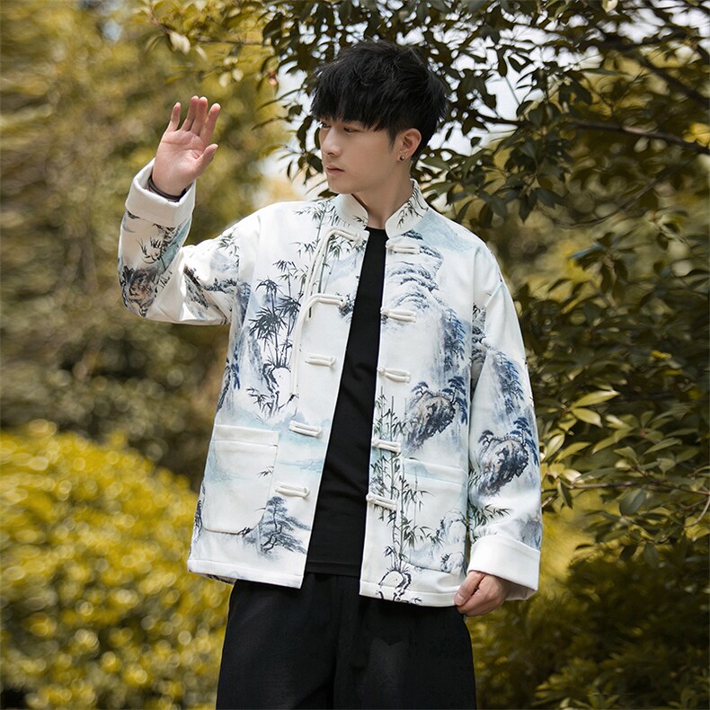 秋冬风水墨画盘扣加厚夹克新中式唐装立领外套JK97,男装夹克,星座305A（原312A-1）