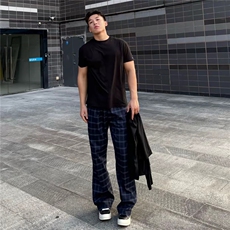 黑蓝色格子裤男女显腿长休闲运动裤美式高街直筒微喇裤，女装休闲裤，四季星座505